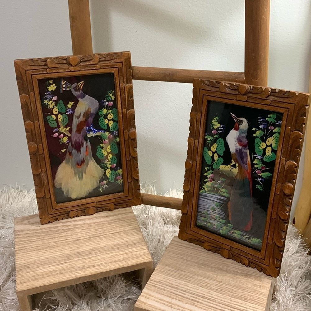 Vintage Mexican Feathercraft Bird Pictures With Carved Frames Bundle Of Two